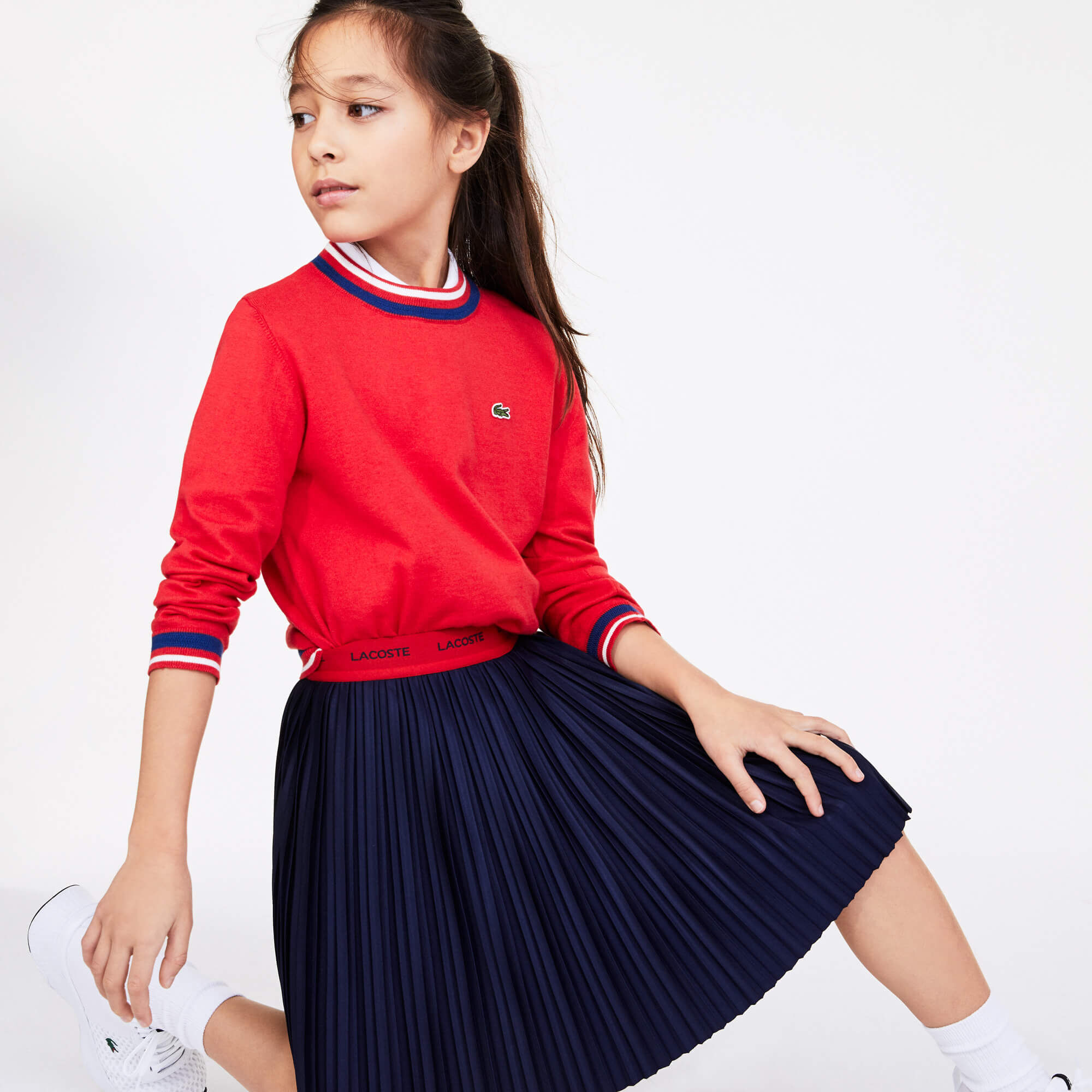Girls' Contrast Waistband Pleated Knit Skirt