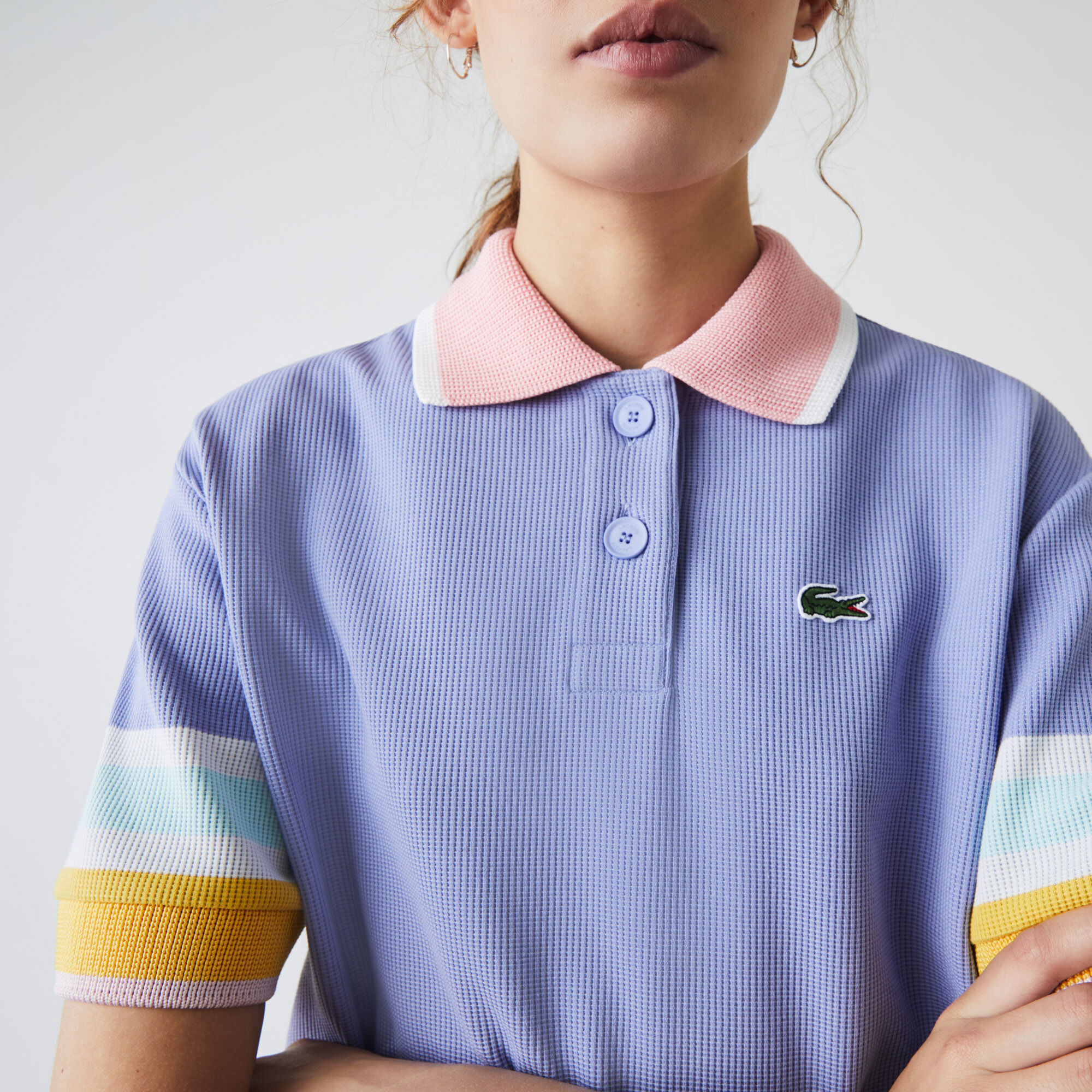 Women’s Lacoste Striped Sleeve Textured Cotton Polo Shirt