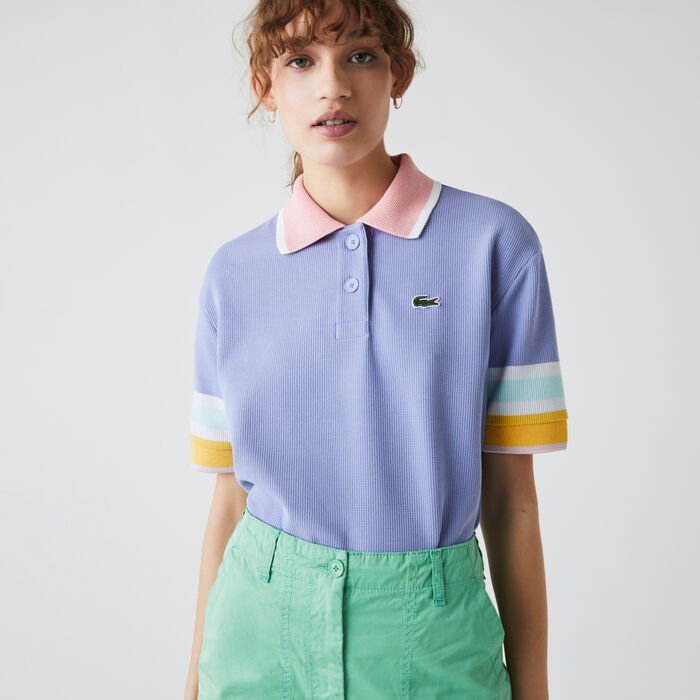 Women’s Lacoste Striped Sleeve Textured Cotton Polo Shirt